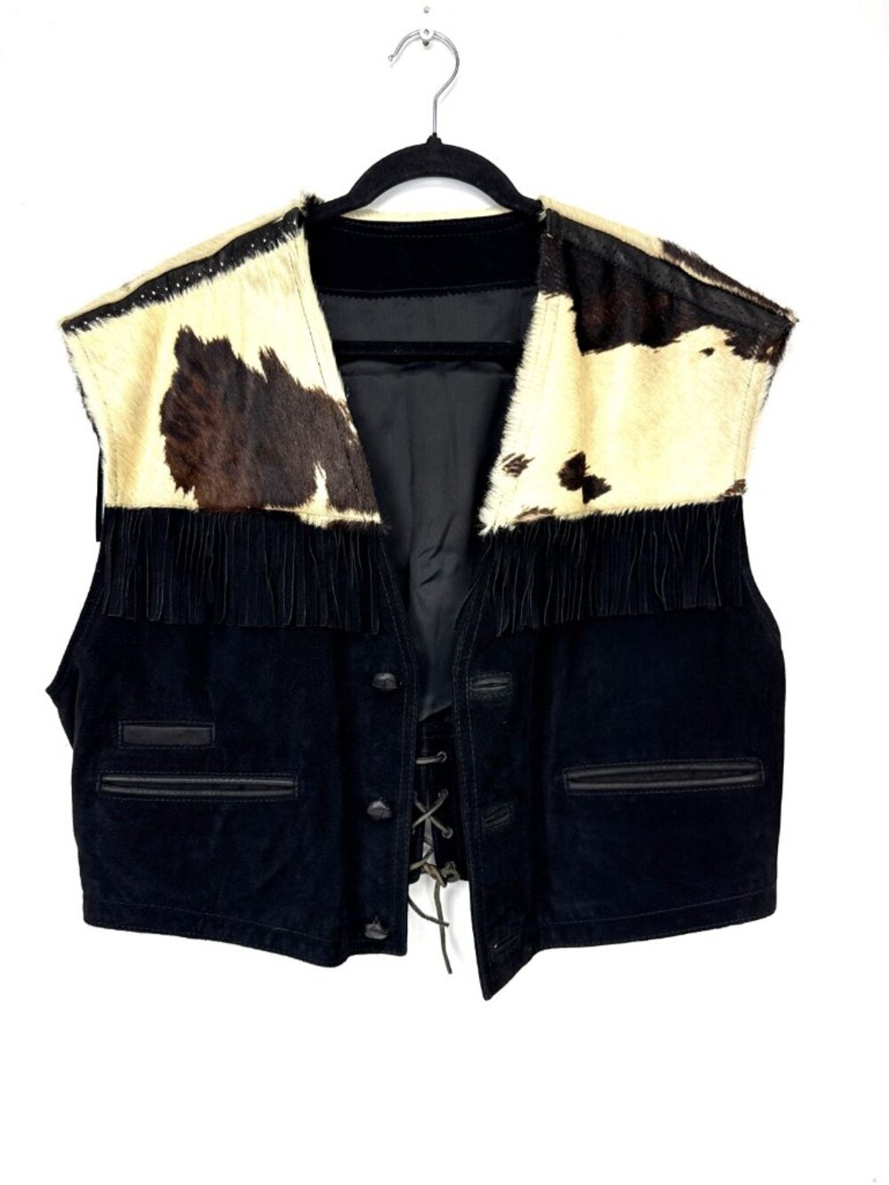 Made in Italy Real Leather Cowhide Fringe Western V-Neck Black Brown Vest 48